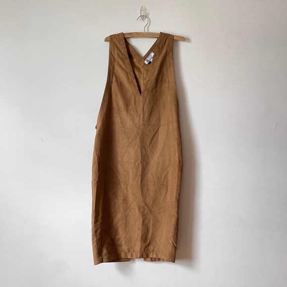 IGWT IN GOD WE TRUST Tan Vneck Midi Dress pinafore size XS made in usa - Picture 1 of 11